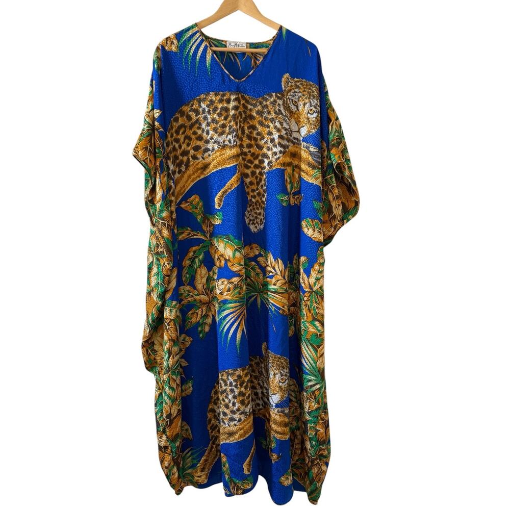 Vintage Mary McFadden Kaftan Stunning Royal Blue Tropical Tiger Print